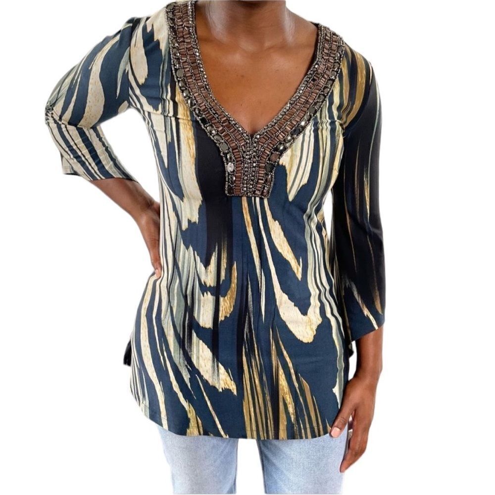 BOSTON PROPER Beaded Neck Print Blouse Top